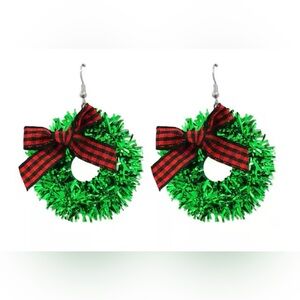 Festive Light Up Green Wreath Earrings with Red Bow - New!